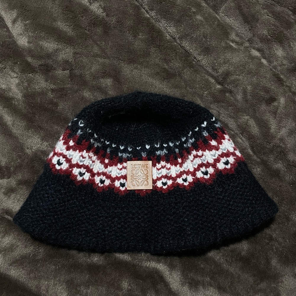 Loewe Black Knit Hat with Red and White Design
